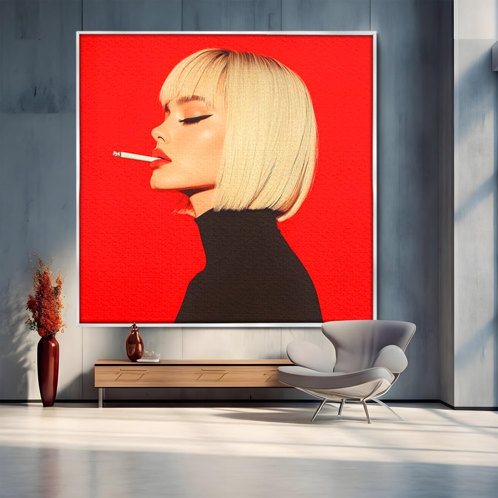 Tablou canvas cu ilustratie digitala cu femeie blonda fumand, in rama de aluminiu argintiu